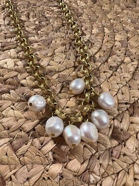 ANTIQUE Gold Chain Necklace with White Baroque Pearl Charms